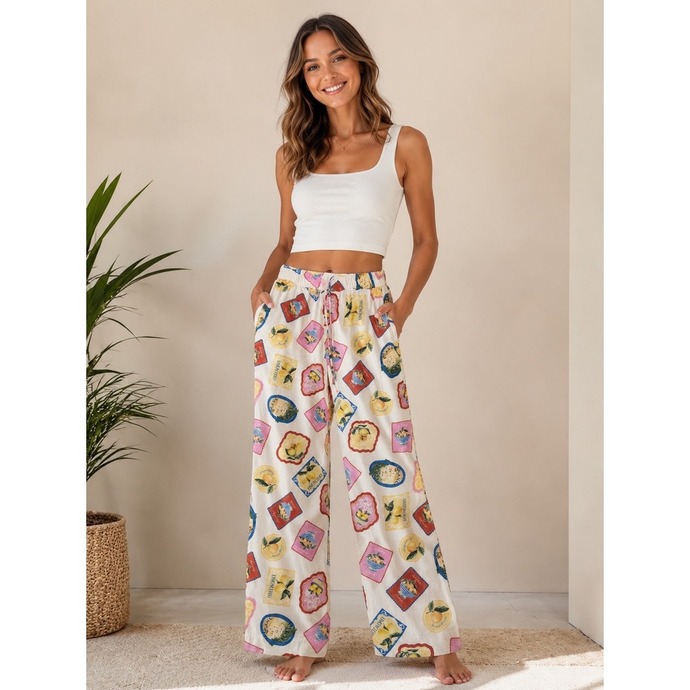 Joie Limoncello Italian Postcard Print Linen‎ Blend Wide Leg Pants Small